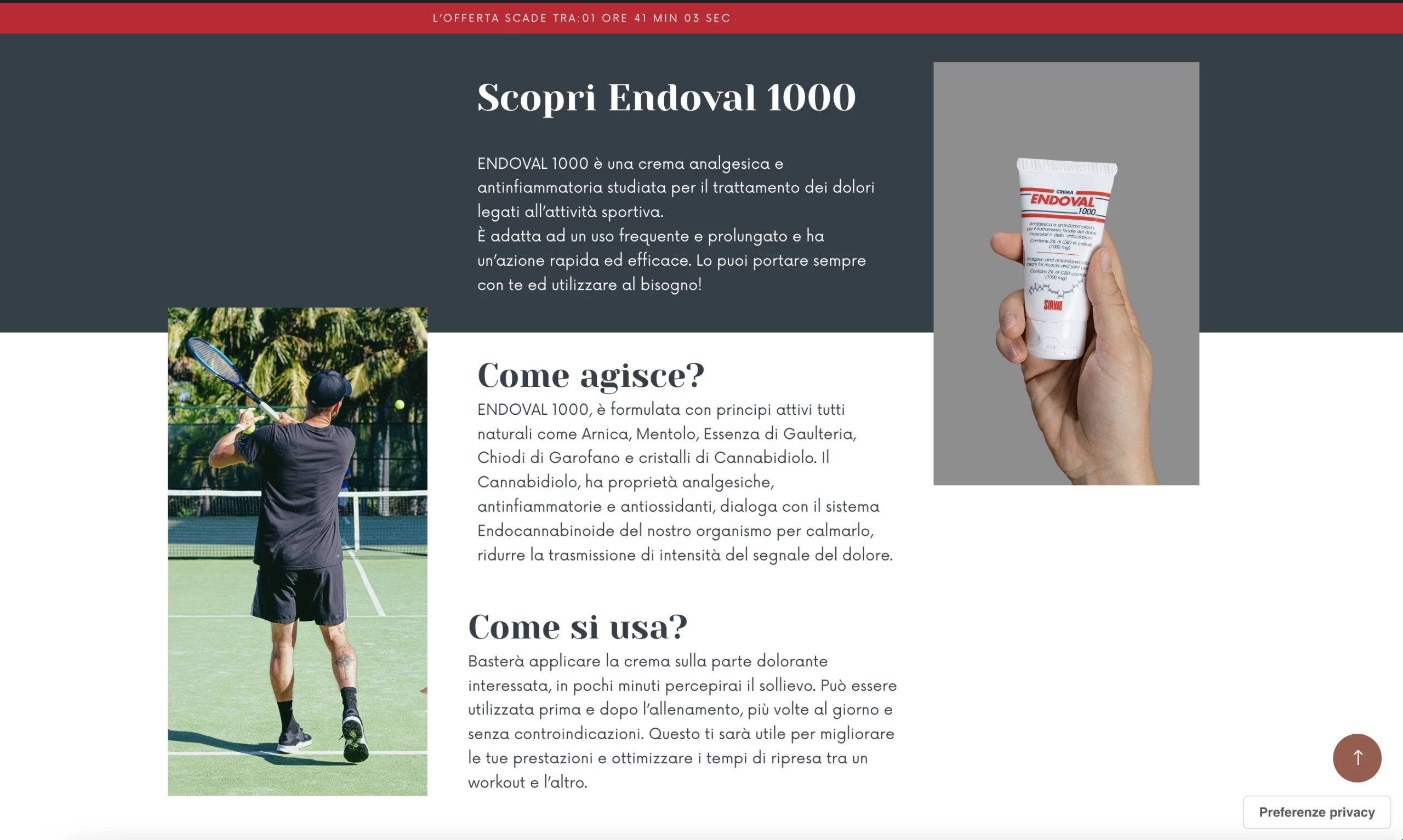 Pagina promozionale Endoval 1000 dedicata allo sport